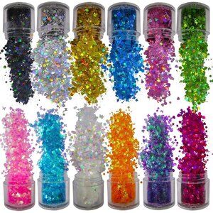 12 Colors Butterfly Star Chunky Glitter Flakes Holographic Heart Hexagon Shapes